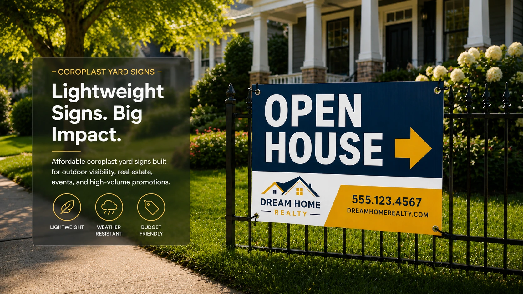 Modern open house coroplast yard sign mounted on a black metal fence in front of a suburban home during golden hour, featuring bold blue and yellow real estate branding with a clean promotional overlay highlighting lightweight and weather resistant outdoor signage.